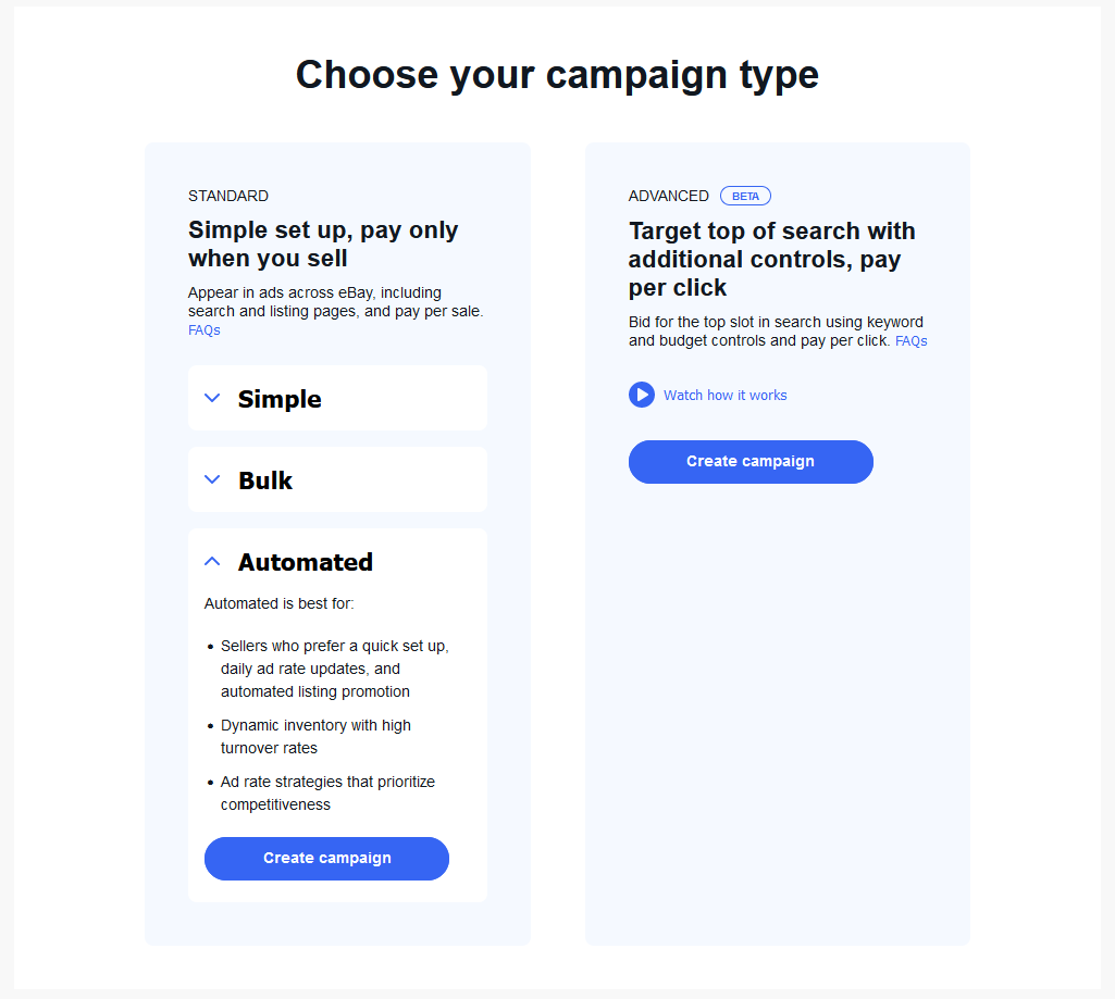 eBay marketing tools - campaign type