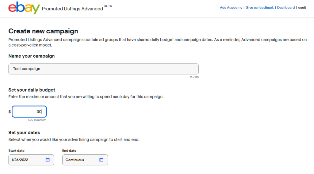 eBay marketing tools - campaign settings