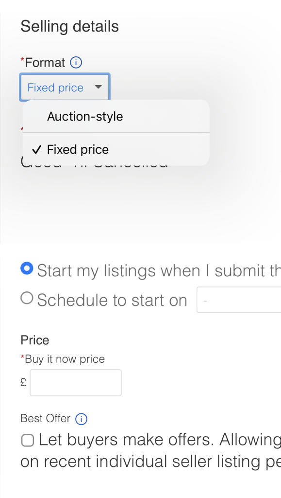 eBay listing summary - selling details