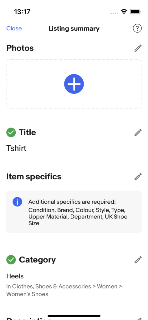 eBay mobile app - listing summary view