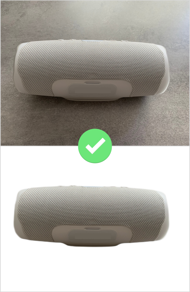 Weißer Bluetooth-Lautsprecher auf grauem Hintergrund Entfernung Effekt Produktbild
